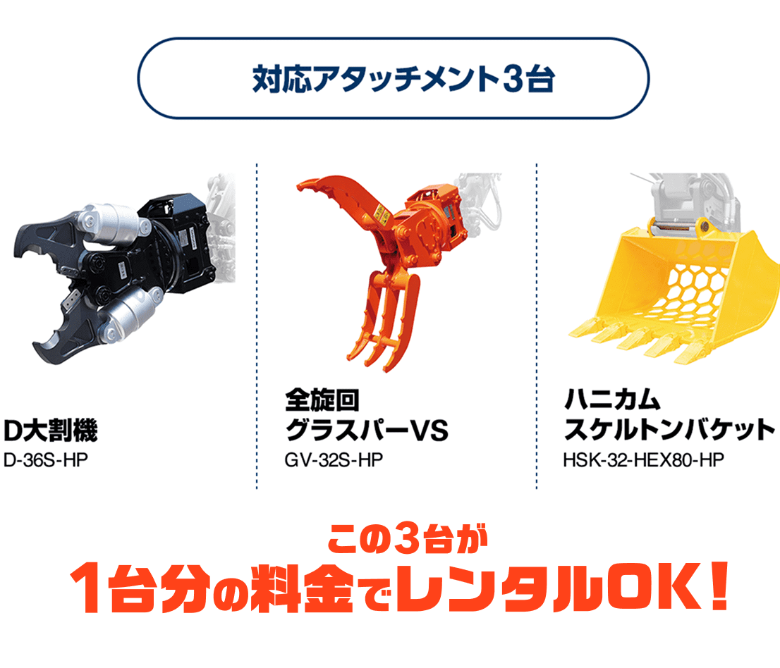対応アタッチメント3台 この3台が1台分の料金でレンタルOK！