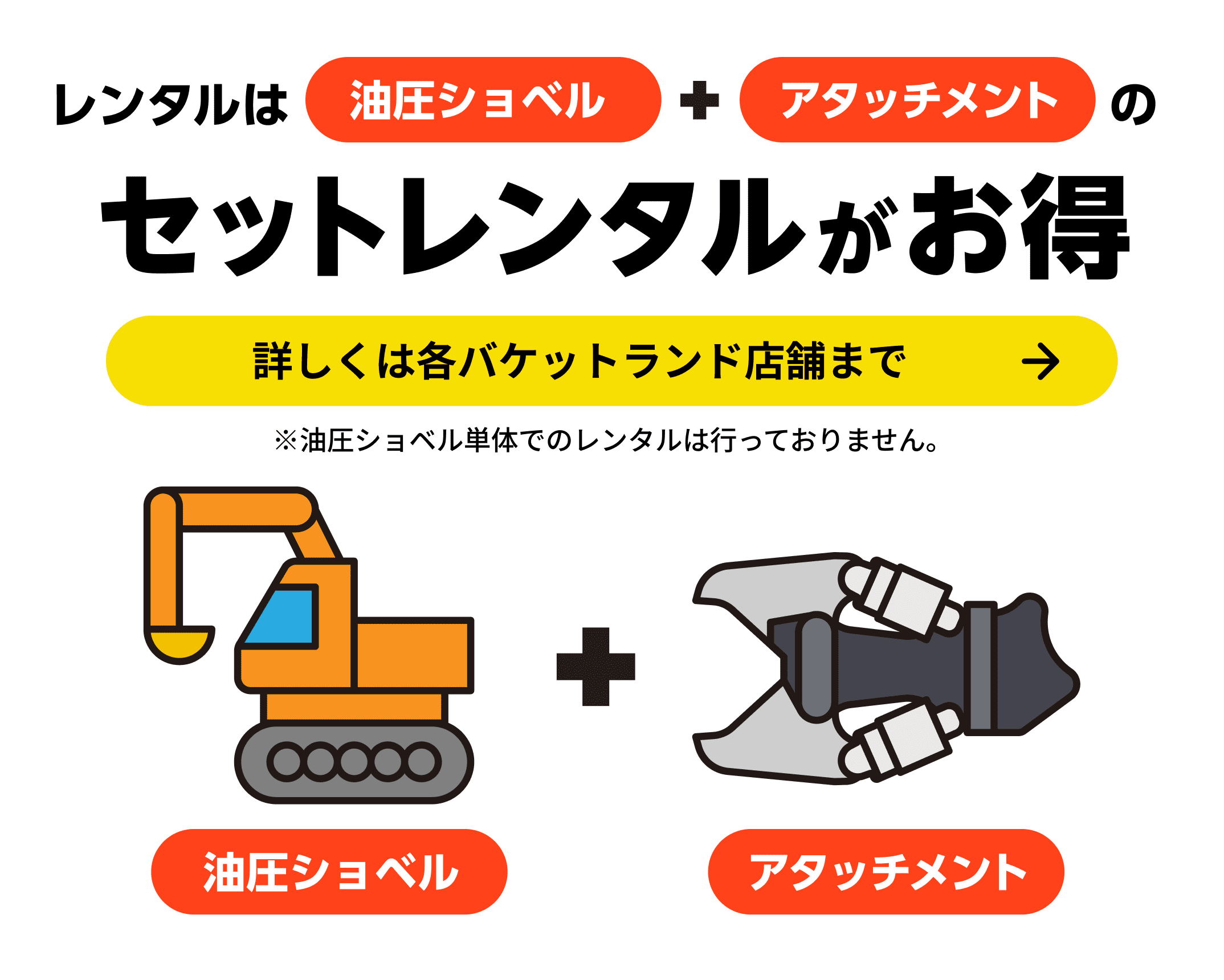 レンタルは油圧ショベル＋アタッチメントのセットがお得